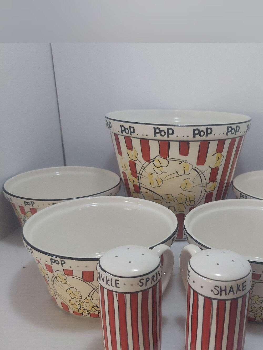 Popcorn Stripe Ceramic Bucket & 4 Bowls Set with Salt & Pepper Shakers